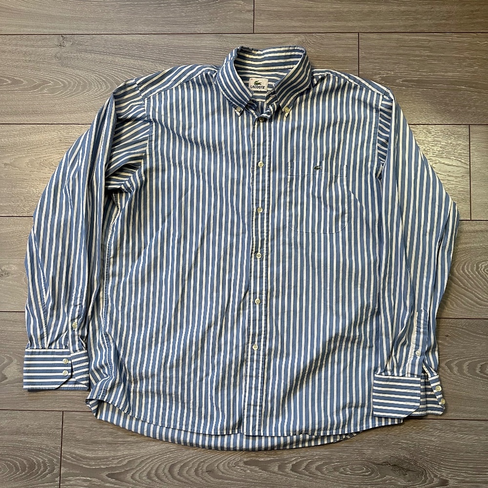 Lacoste Striped Preppy Office Alligator Logo Button-Down Dress Shirt